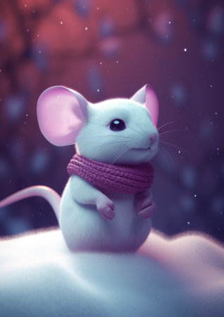 White mouse with a scarf on a background of a winter landscape.の素材