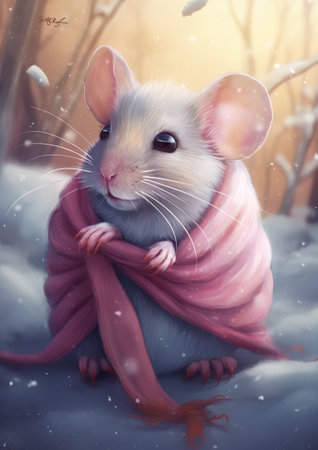 Cute little white mouse in a pink scarf in the winter forest.の素材