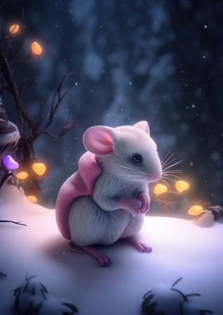 Little white mouse in a pink scarf sits on the snow in the winter forest.の素材