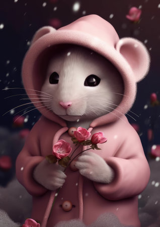 Cute little white mouse in a pink coat with a hat and a bouquet of flowersの素材