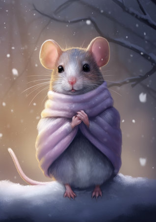mouse in a scarf in the winter forest. 3d illustration.の素材