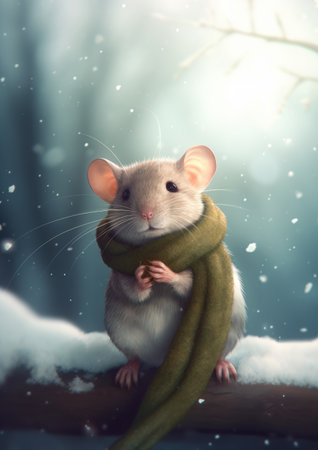 Cute little mouse in a green scarf on a snowy background.の素材