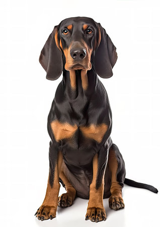 Black and Tan Coonhound dog sitting on white background. Studio shot.の素材