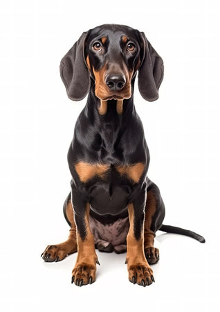 Black and tan Coonhound sitting on a white backgroundの素材