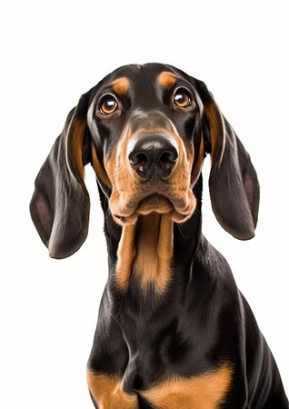 Portrait of a black and tan Coonhound dog isolated on white backgroundの素材
