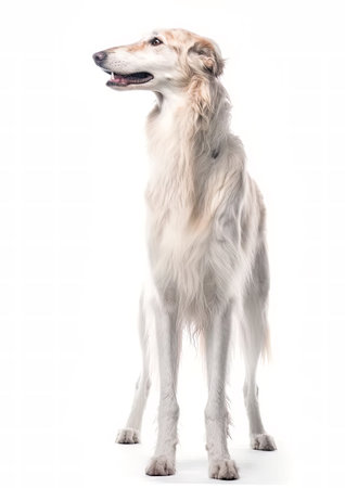 Studio shot of a borzoi dog standing on white background.の素材