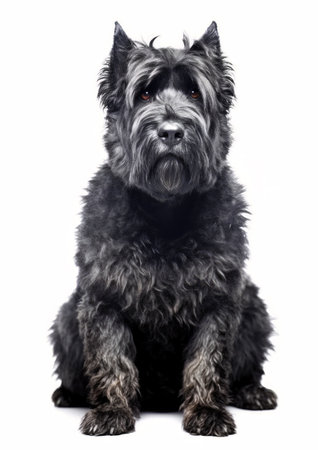 Bouvier des Flanders sitting in front of a white backgroundの素材
