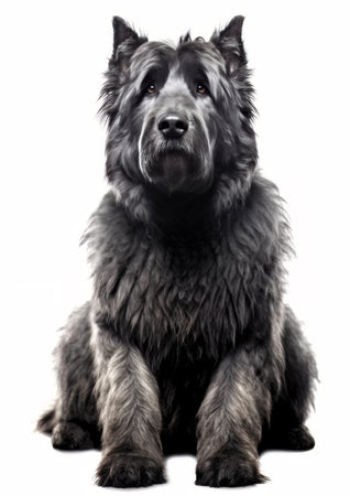 Studio shot of a Bouvier des Flanders sitting, isolated on white background.の素材