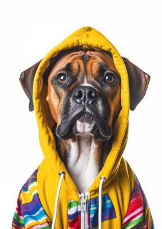 Boxer dog in a hood on a white background. Studio shot.の素材