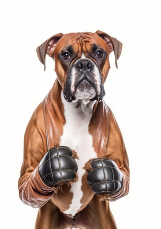 Boxer dog with boxing gloves isolated on white background. Studio shot.の素材