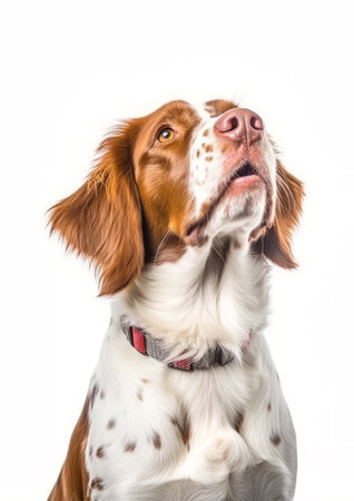 Portrait of a cute Brittany dog on a white backgroundの素材