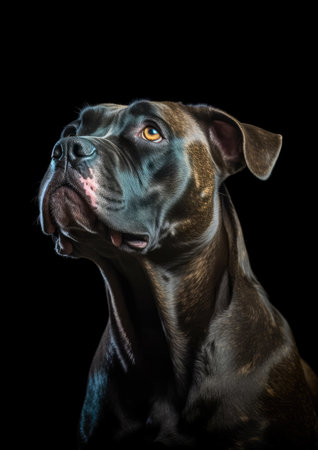 Cane Corso dog portrait isolated on black background. Studio shot.の素材