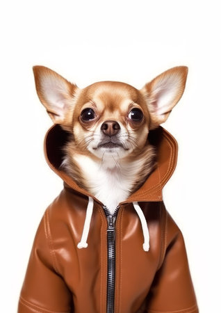 Chihuahua in a brown jacket isolated on a white backgroundの素材