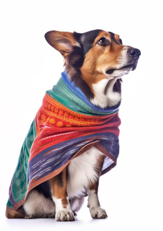 cute Cardigan Welsh Corgi wrapped in a colourful scarf isolated on a white backgroundの素材