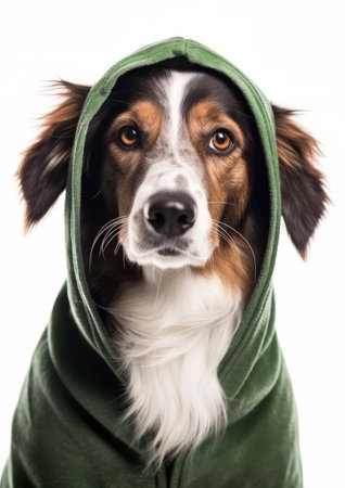 Cardigan Welsh Corgi dog in a green hood isolated on a white background.の素材