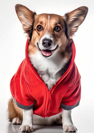 Welsh corgi dog in a red sweater on a white backgroundの素材