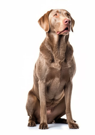 Studio shot of an adorable Chesapeake Bay Retriever dog sitting on white background.の素材