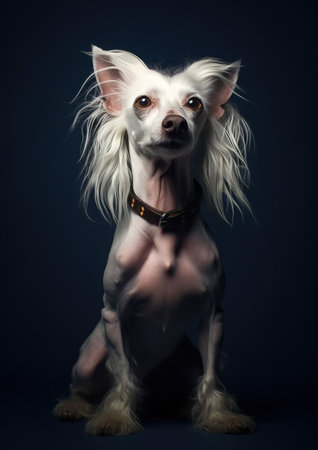 Portrait of a Chinese Crested Dog on a dark background.の素材