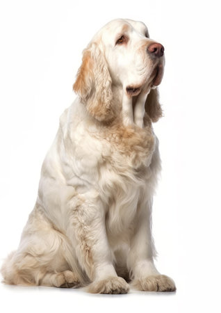 Clumber spaniel sitting in front of a white backgroundの素材