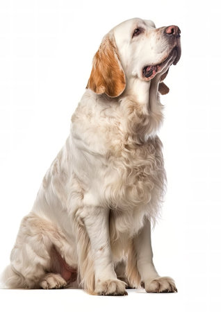 Studio shot of a Clumber Retriever sitting on white background.の素材