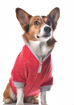 Cardigan Welsh corgi dog in a red jacket on a white backgroundの素材