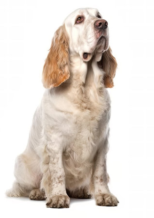 Clumber Spaniel sitting in front of a white background.の素材