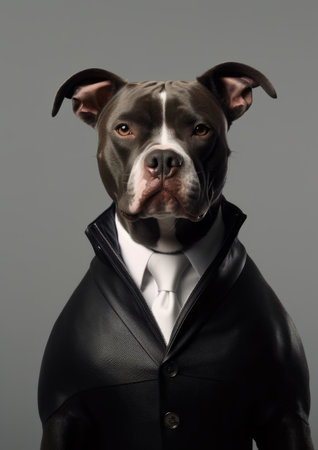 Studio portrait of a staffordshire bull terrier wearing a jacket and tieの素材