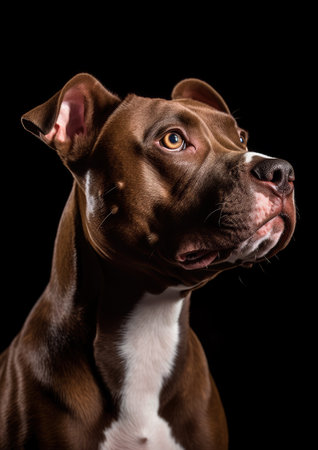 Studio shot of an American Staffordshire Terrier against a black background.の素材