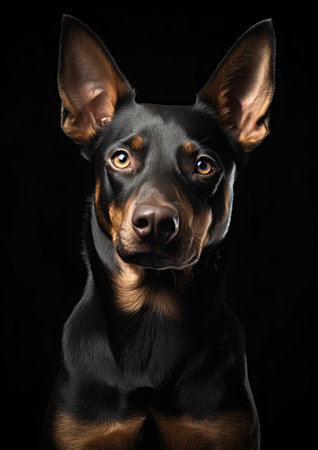 Portrait of a purebred doberman dog on a black backgroundの素材