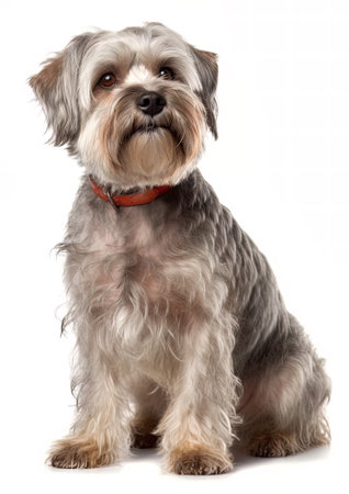 Studio shot of a Dandie Dinmont terrier dog sitting on white background.の素材