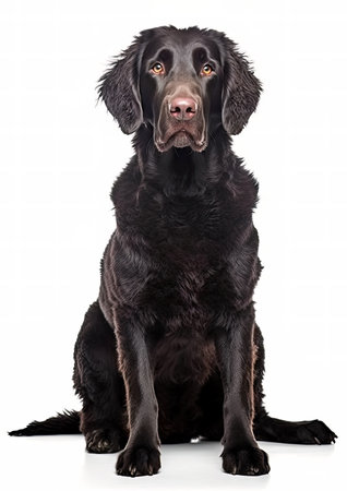 Curly coated Retriever sitting on white background. Studio shot.の素材