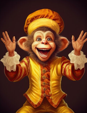 Funny monkey in a yellow suit on a dark background. Portrait.の素材