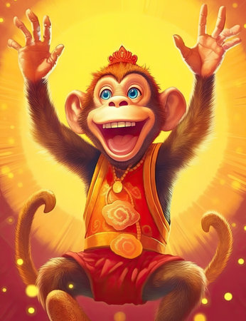 Monkey sitting on a red book and raising his hands up.の素材