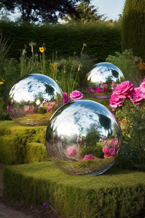 Glass balls in the garden with flowers and trees in the background.の素材