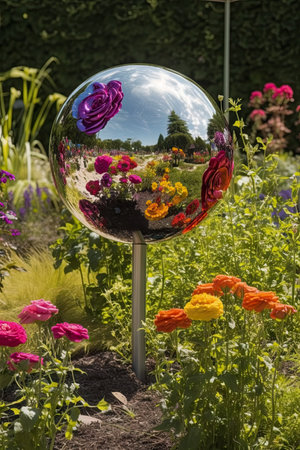 Glass ball with flowers inside in the garden. Concept of environmental protection.の素材