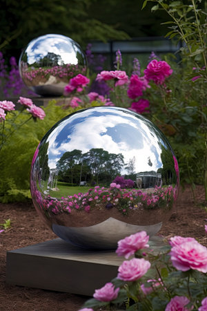 Crystal ball with pink roses in the garden. Conceptual image.の素材