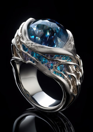 Jewelry ring with blue sapphire on a black backgroundの素材