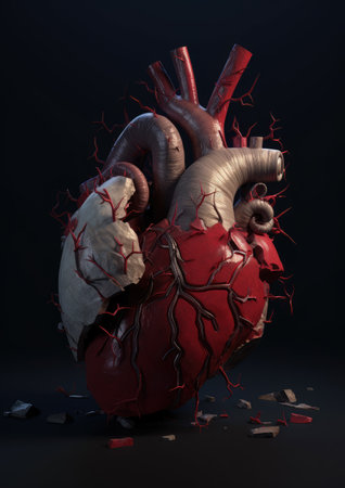 Human heart with blood vessels on a dark background. 3d renderingの素材