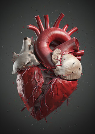 Human heart with blood and splashes on grey background. 3d illustrationの素材