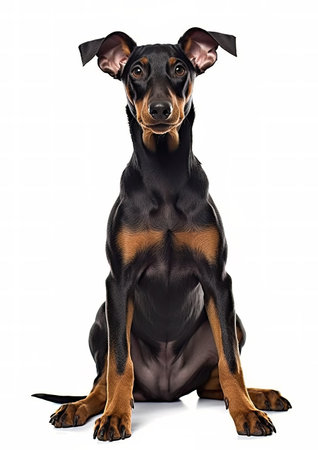 Doberman Pinscher sitting in front of a white backgroundの素材