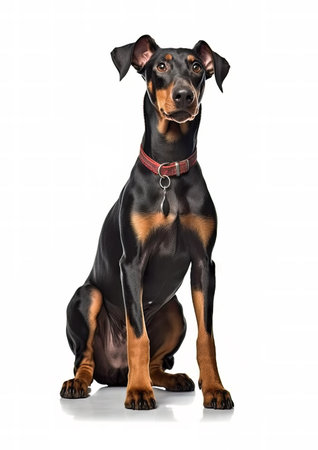 Doberman Pinscher sitting isolated on a white background.の素材