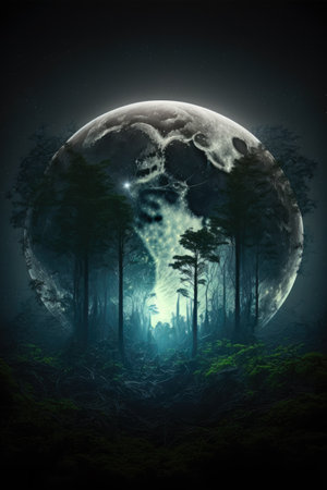 Mysterious dark forest with full moon. 3D Renderingの素材