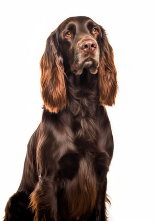 Portrait of a brown Field Spaniel dog isolated on a white backgroundの素材