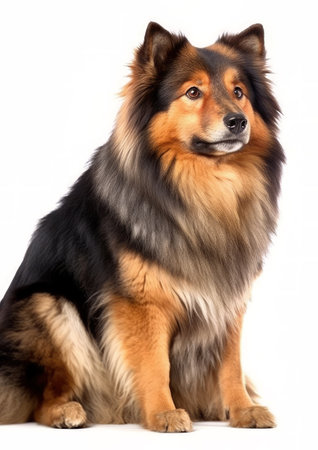 Finnish Lapphund sitting isolated on white background. Studio shot of a shetland sheepdog.の素材
