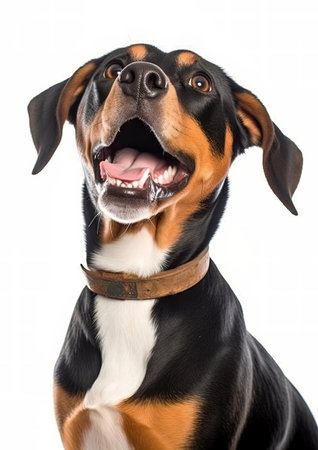 Portrait of an Entlebucher Mountain dog on a white background. The dog shows its tongue.の素材