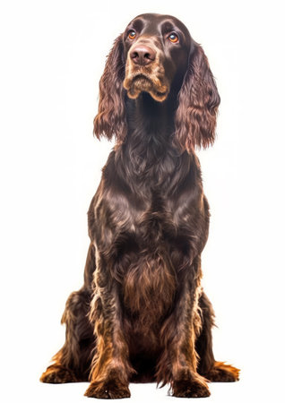 Field Spaniel sitting on a white background. Studio shot.の素材