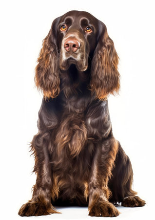 Field Spaniel sitting and looking up isolated on a white backgroundの素材