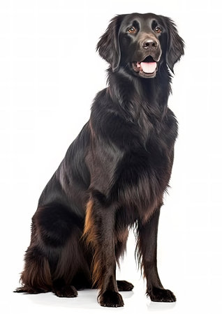 Studio shot of an adorable Flat Coated Retriever sitting on white background.の素材