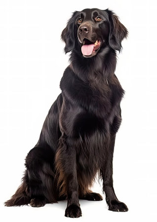 Black Flat Coated Retriever sitting isolated on white background. Studio shot.の素材