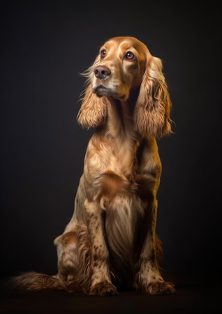 Studio portrait of a beautiful English Cocker Spaniel on a black backgroundの素材